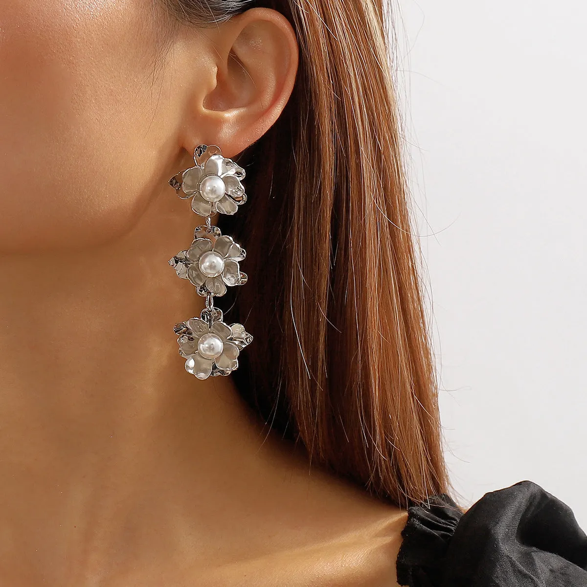 Pearl & Silver-Plated Linked Flower Drop Earrings