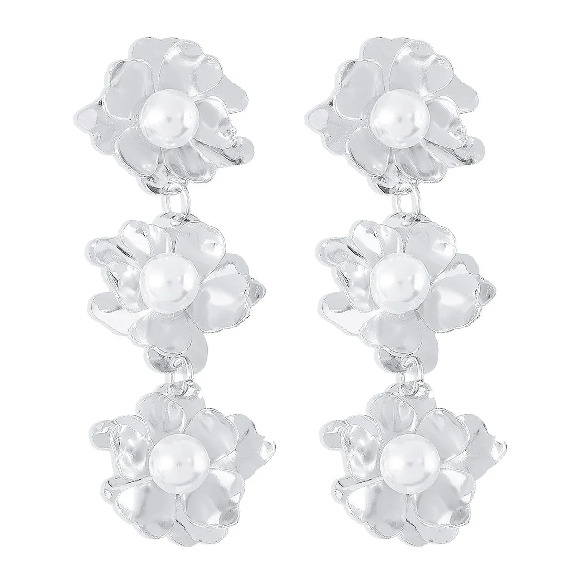 Pearl & Silver-Plated Linked Flower Drop Earrings