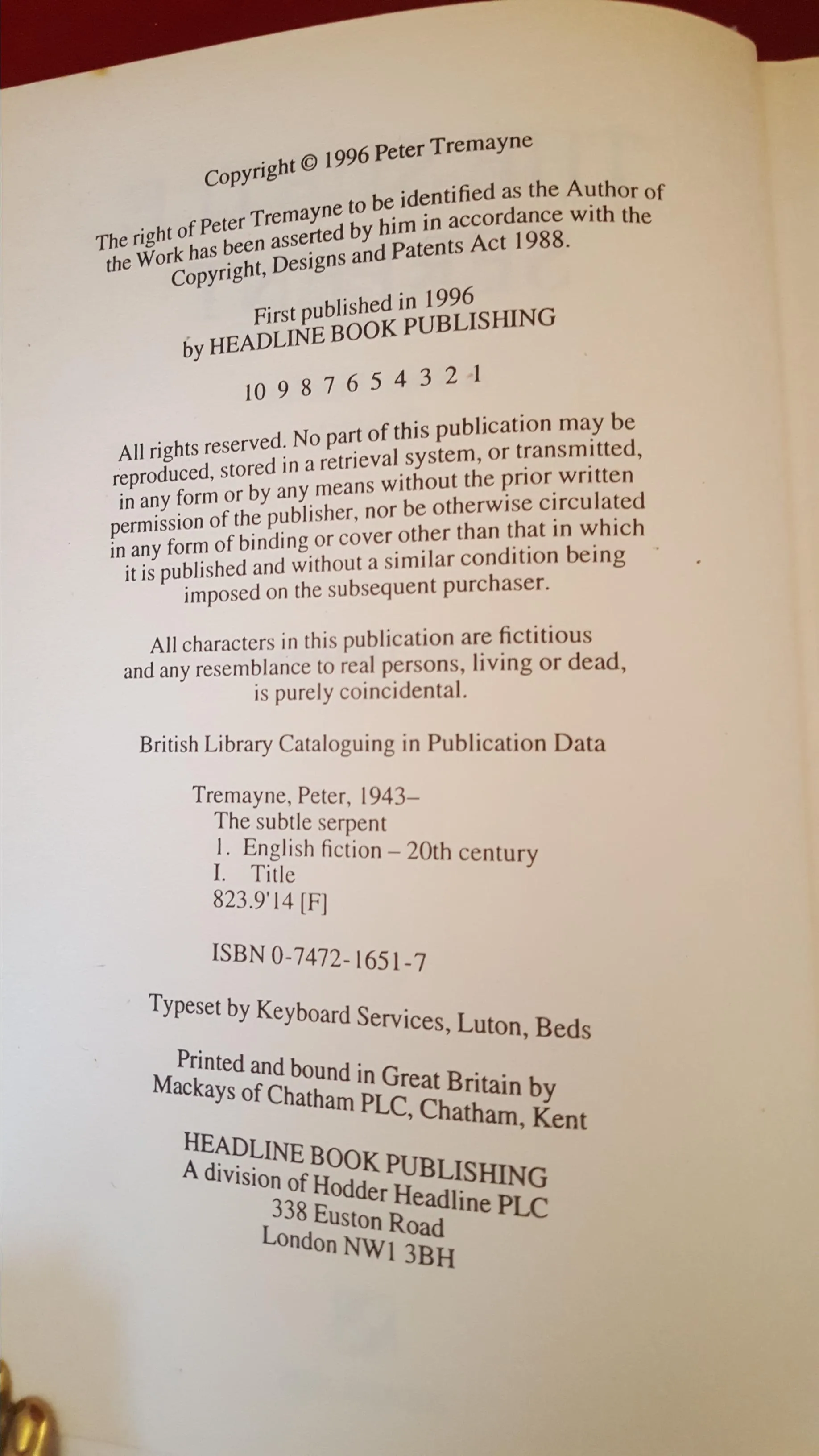 Peter Tremayne - The Subtle Serpent, Headline, 1996, 1st Edition