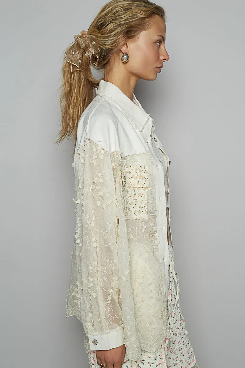 POL Women's Ivory Roomy Lace Button Down Shirt