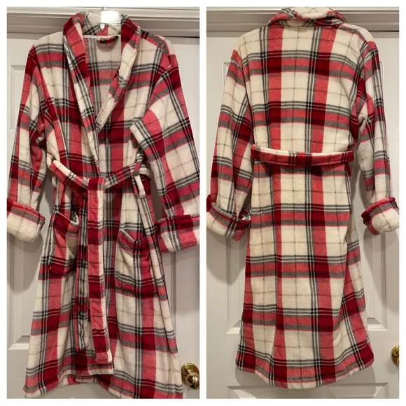 Pottery Barn Winslow Plush Plaid Robe White Red Size Medium
