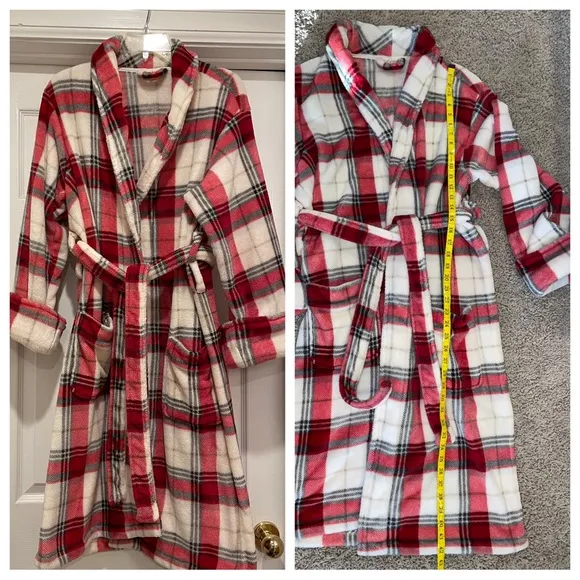Pottery Barn Winslow Plush Plaid Robe White Red Size Medium