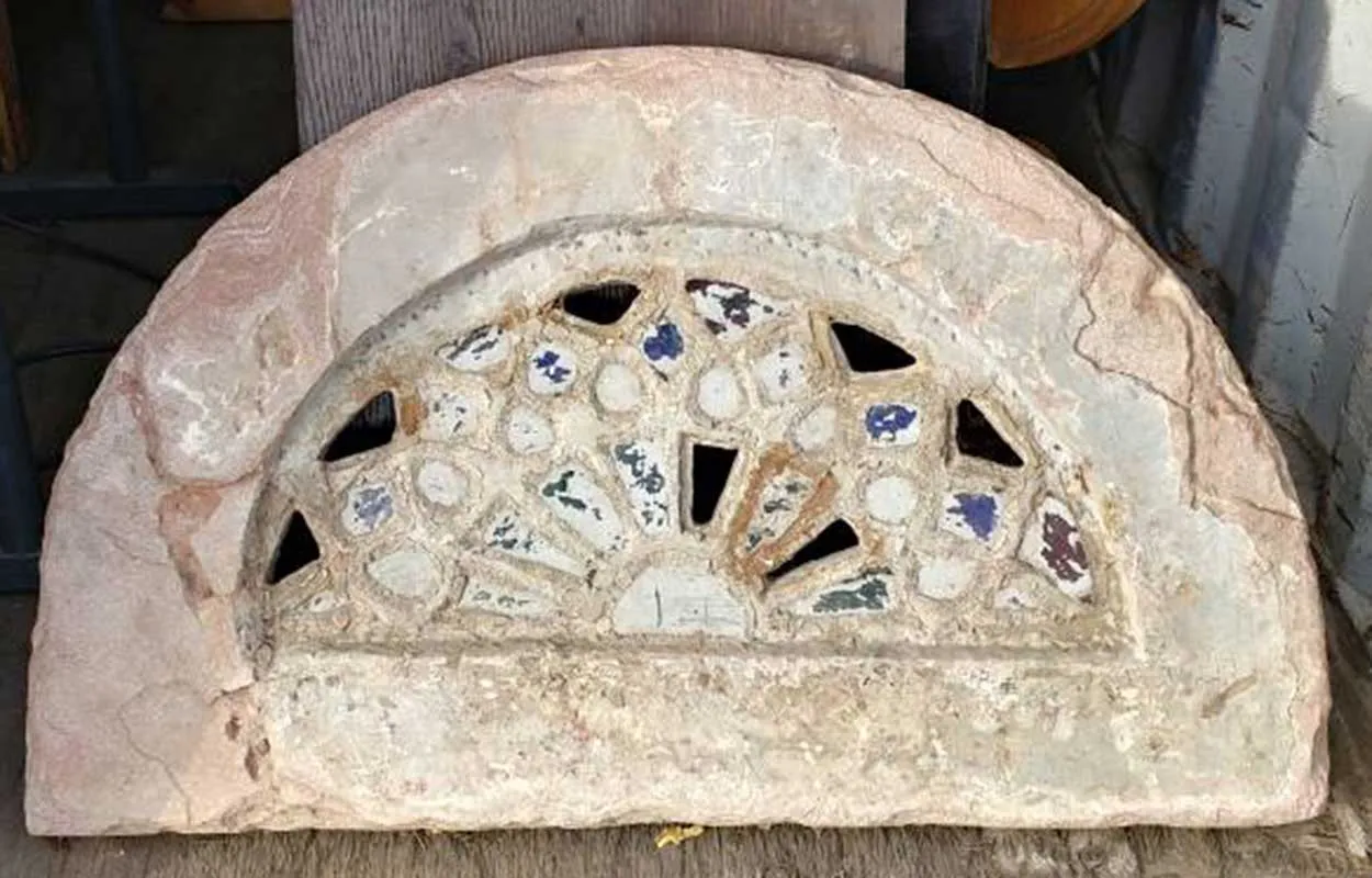 Rare Indian Limestone and Glass Jali Arched Transom Window