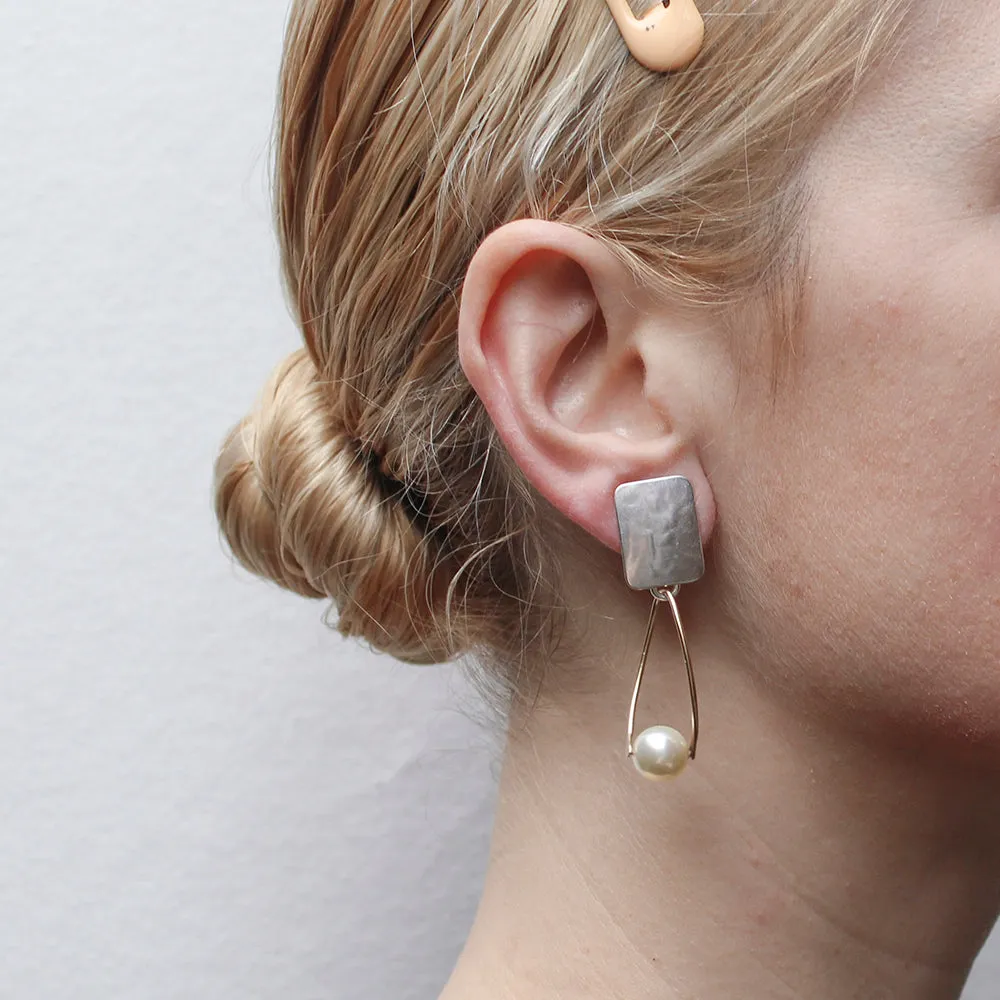 Rectangle with Suspended Pearl Clip or Post Earring