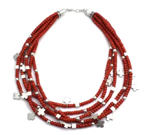 Red Coral 5 Strand Cross Necklace