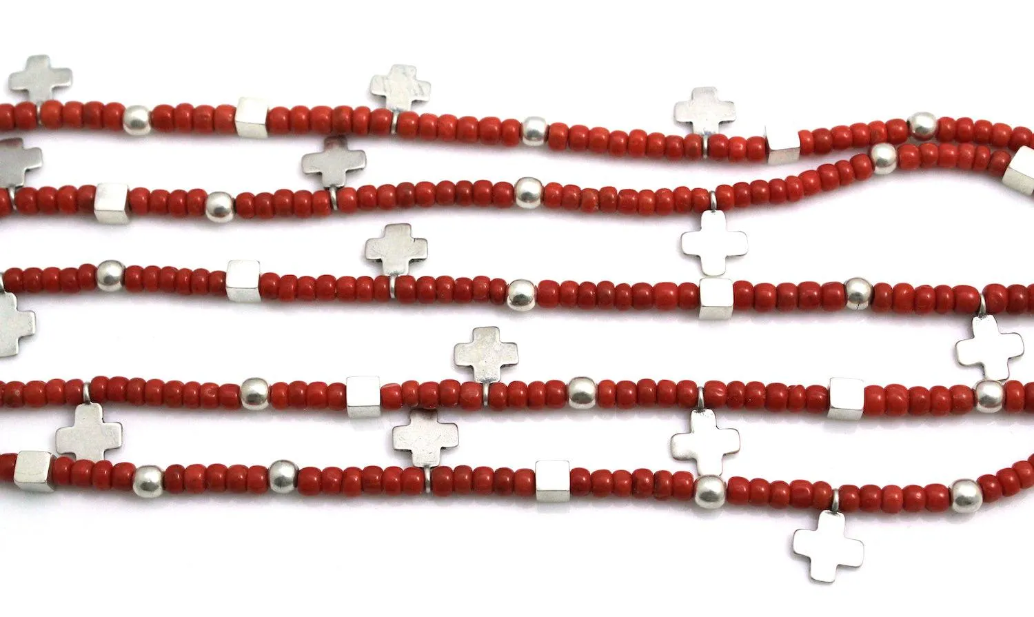 Red Coral 5 Strand Cross Necklace