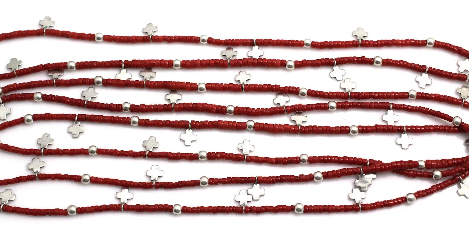 Red Coral 8 Strand Cross Necklace