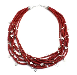 Red Coral 8 Strand Cross Necklace