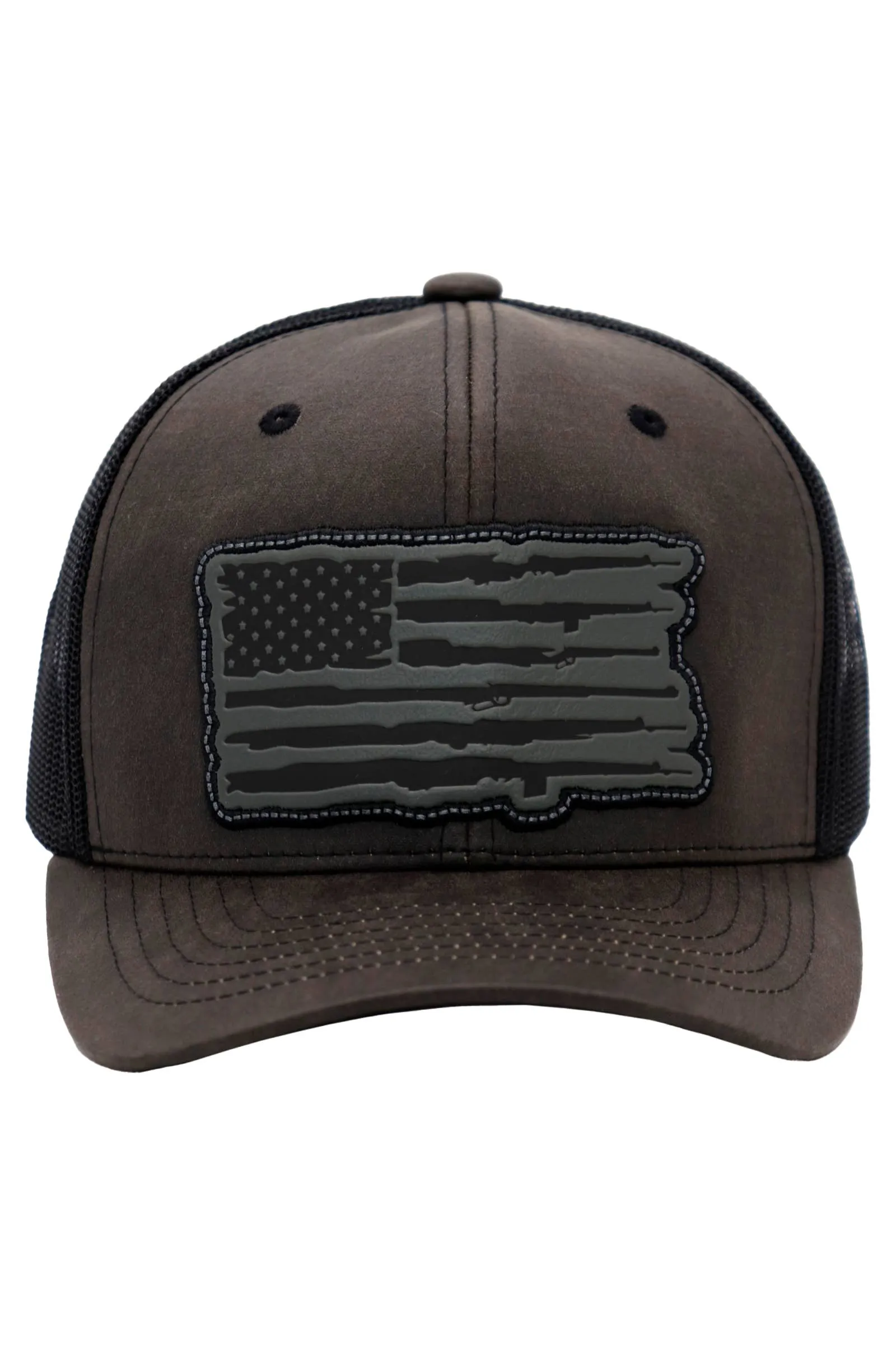 Rifle American Flag Oiled Faux Leather Trucker Hat: Black