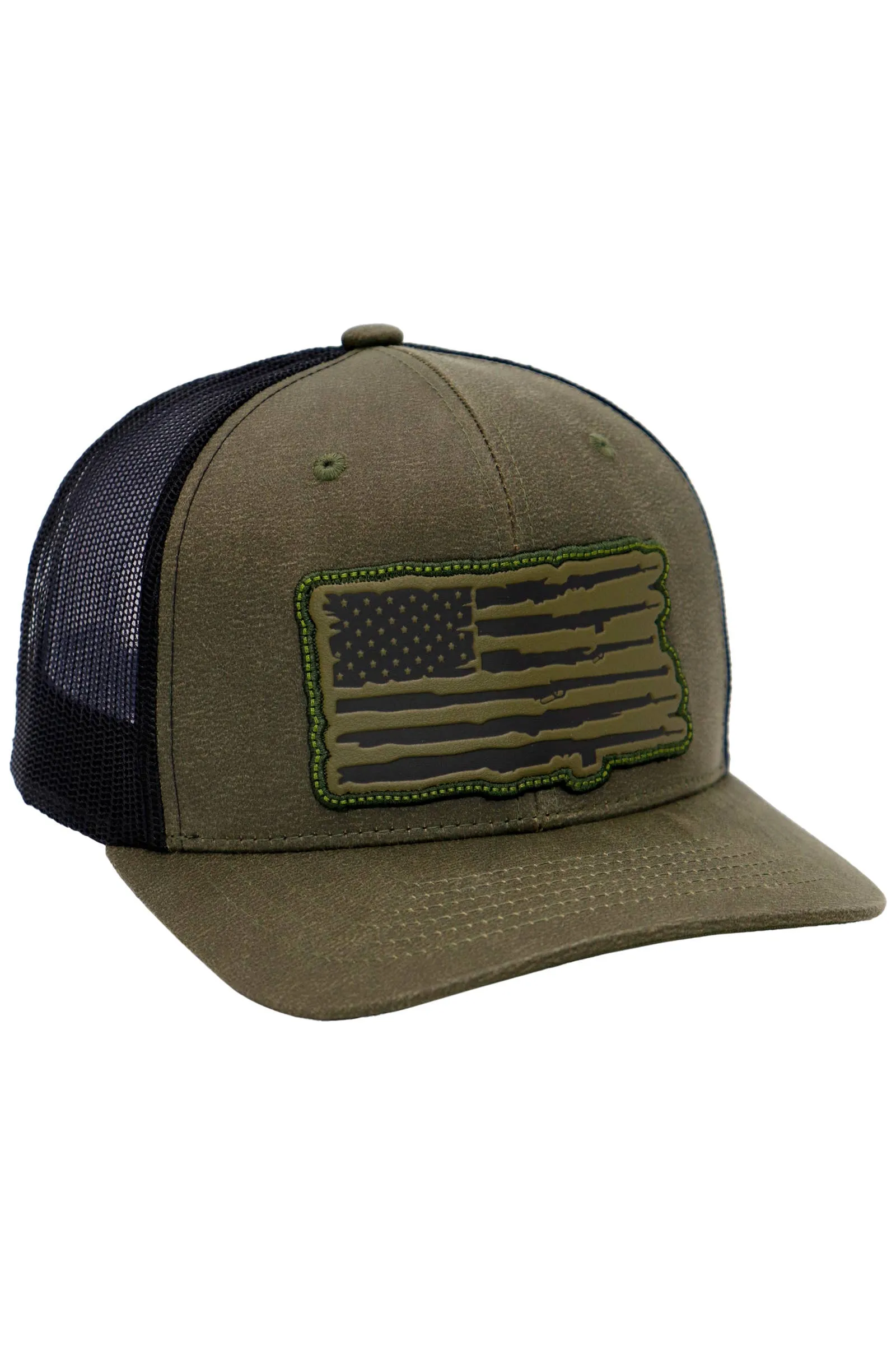 Rifle American Flag Oiled Faux Leather Trucker Hat: Black
