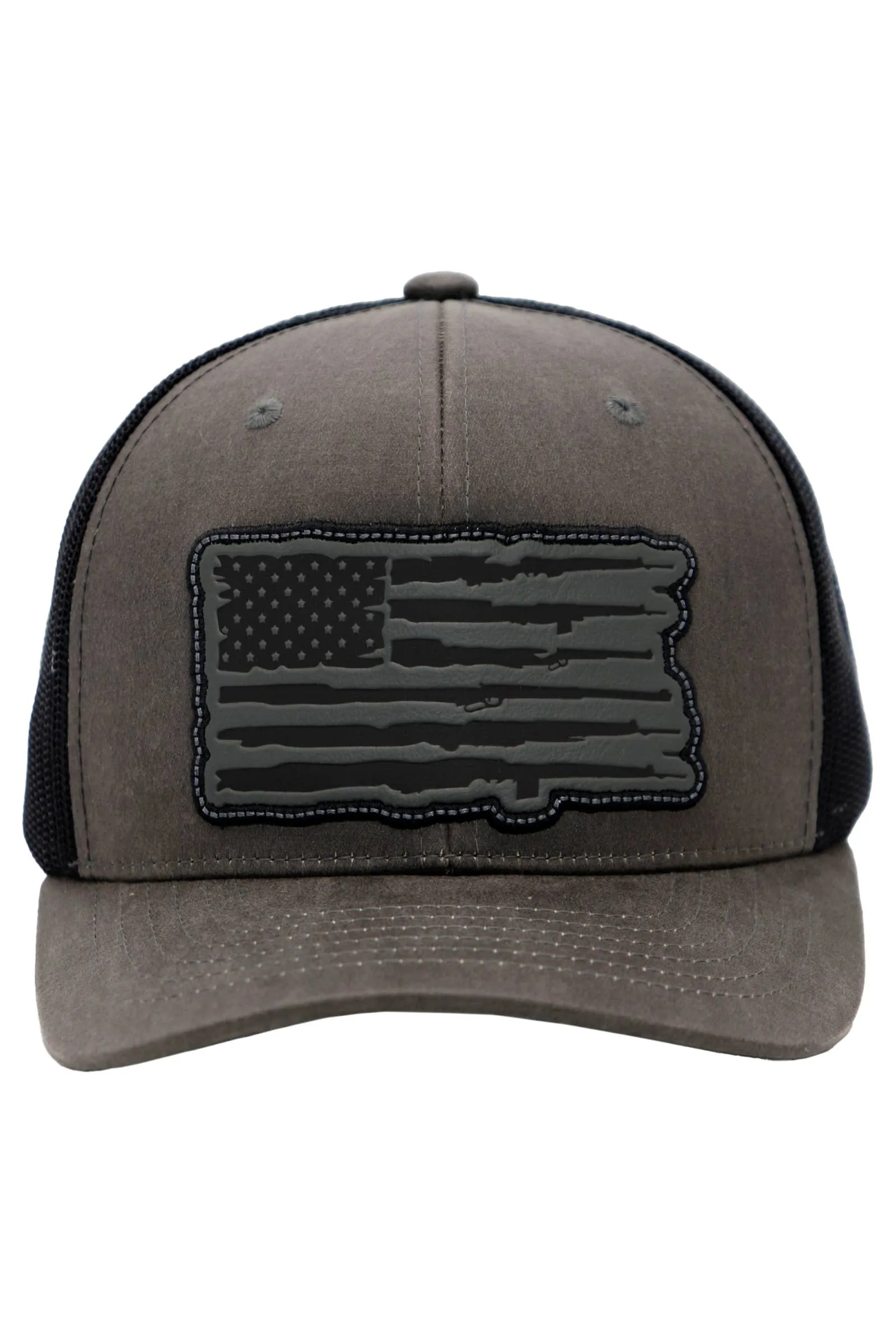 Rifle American Flag Oiled Faux Leather Trucker Hat: Black