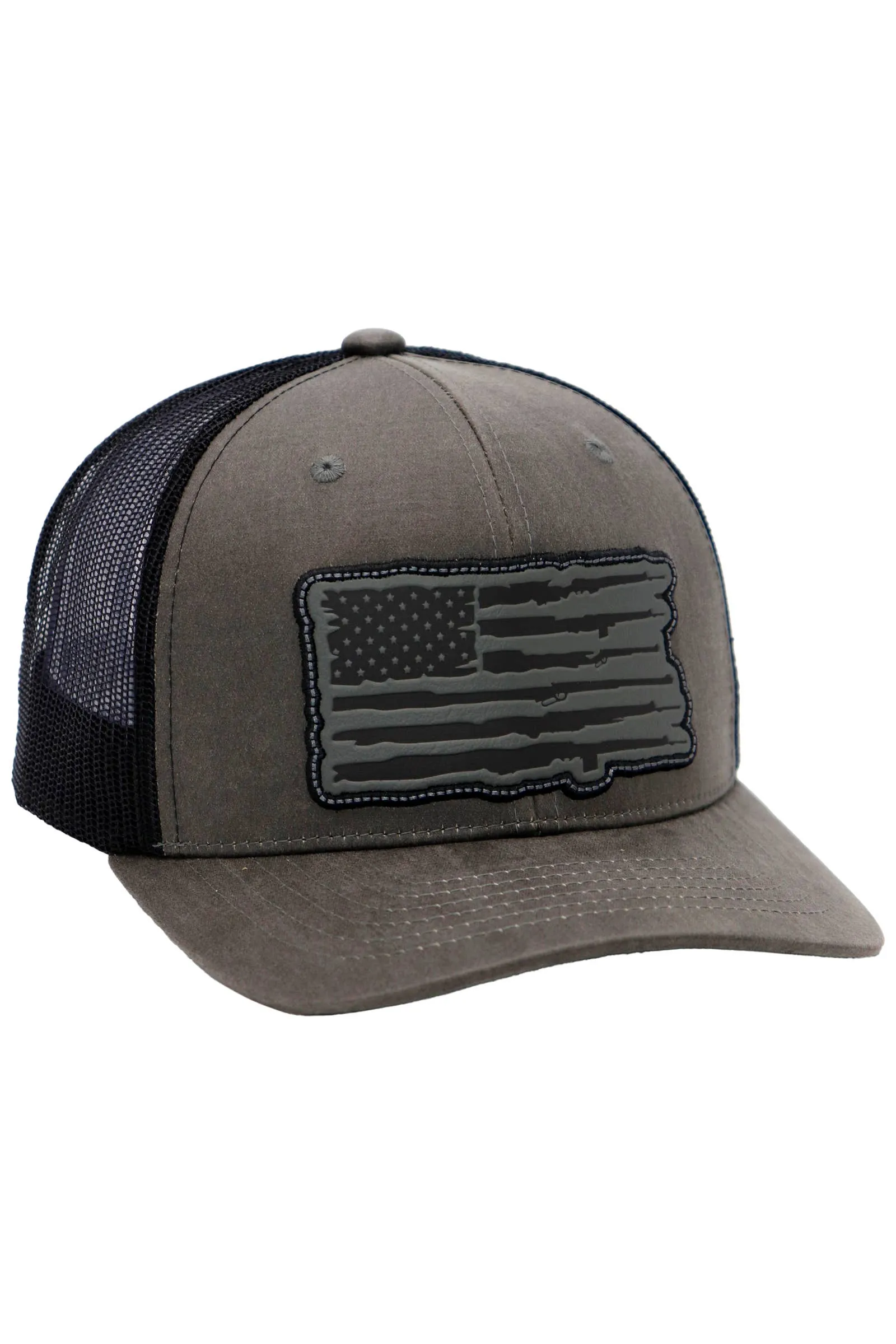 Rifle American Flag Oiled Faux Leather Trucker Hat: Black