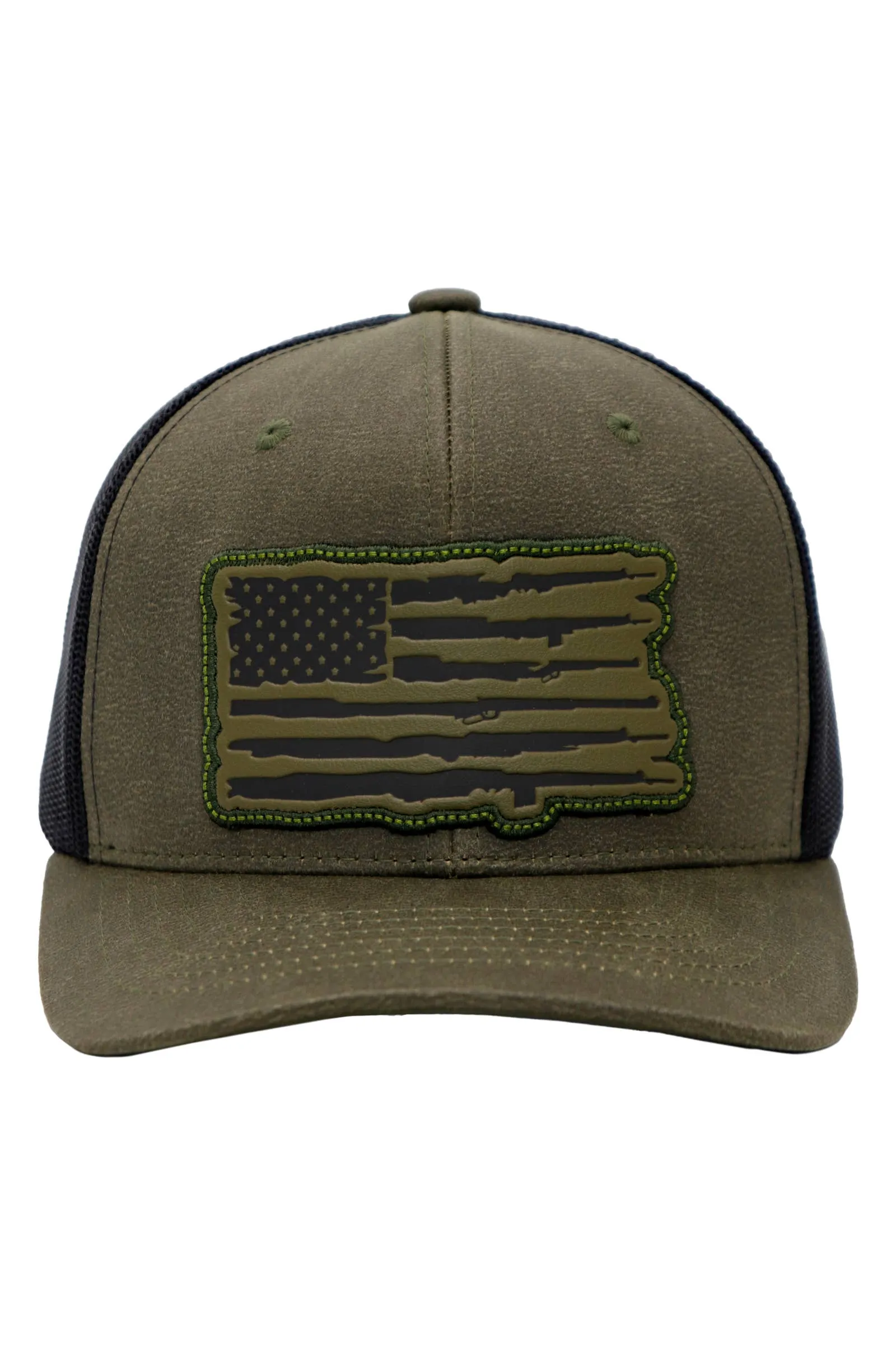 Rifle American Flag Oiled Faux Leather Trucker Hat: Black