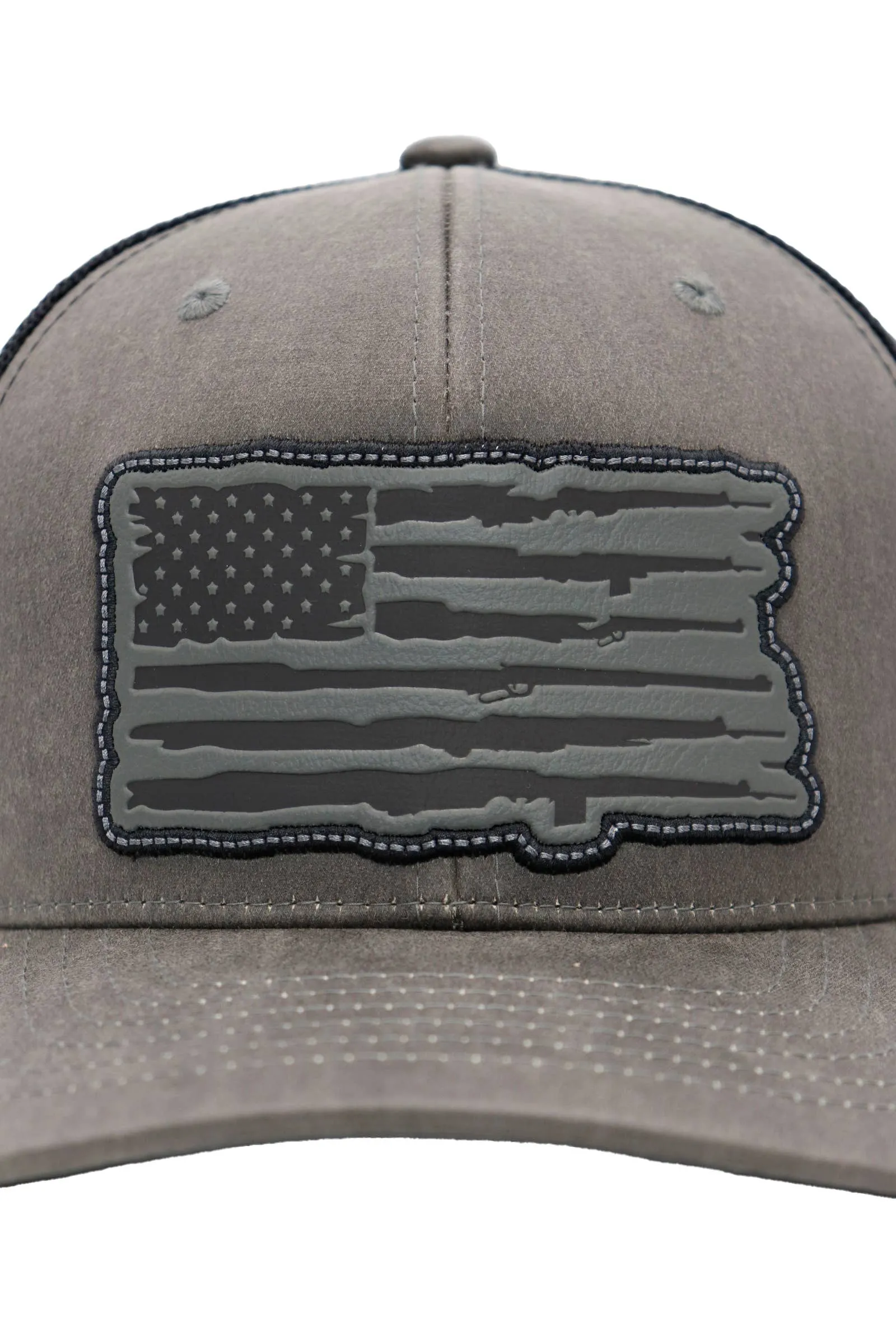 Rifle American Flag Oiled Faux Leather Trucker Hat: Black
