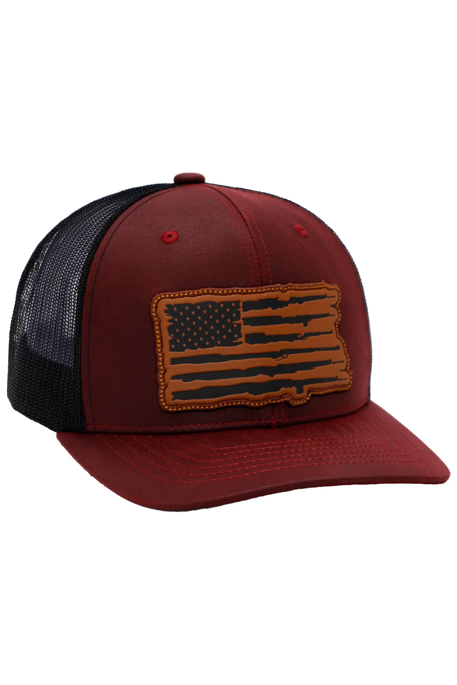 Rifle American Flag Oiled Faux Leather Trucker Hat: Black