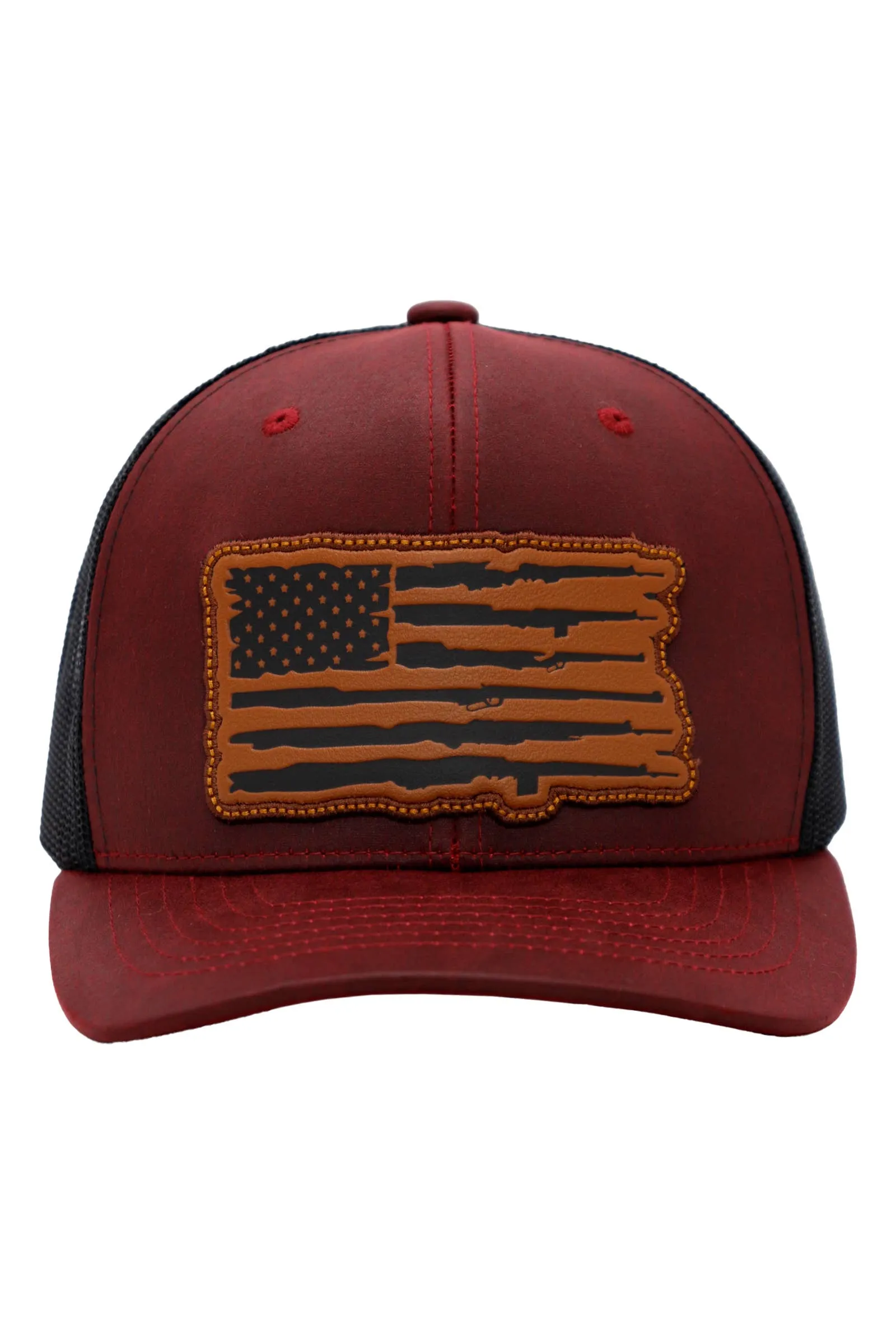 Rifle American Flag Oiled Faux Leather Trucker Hat: Black