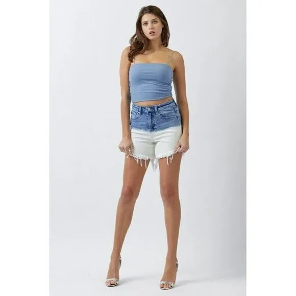 Risen Medium Wash High Rise Two Toned Distressed Ombre Shorts S-L RDS6033