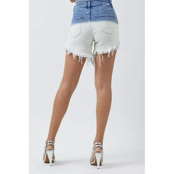 Risen Medium Wash High Rise Two Toned Distressed Ombre Shorts S-L RDS6033