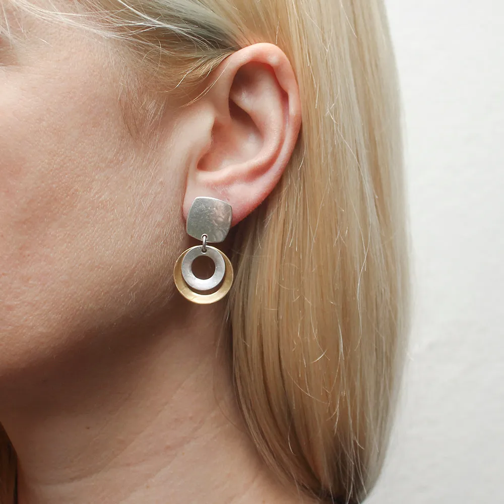Rounded Square with Layered and Tiered Wide Rings Post Earring