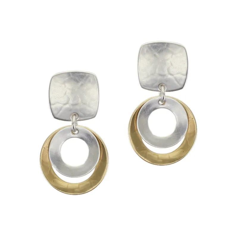 Rounded Square with Layered and Tiered Wide Rings Post Earring