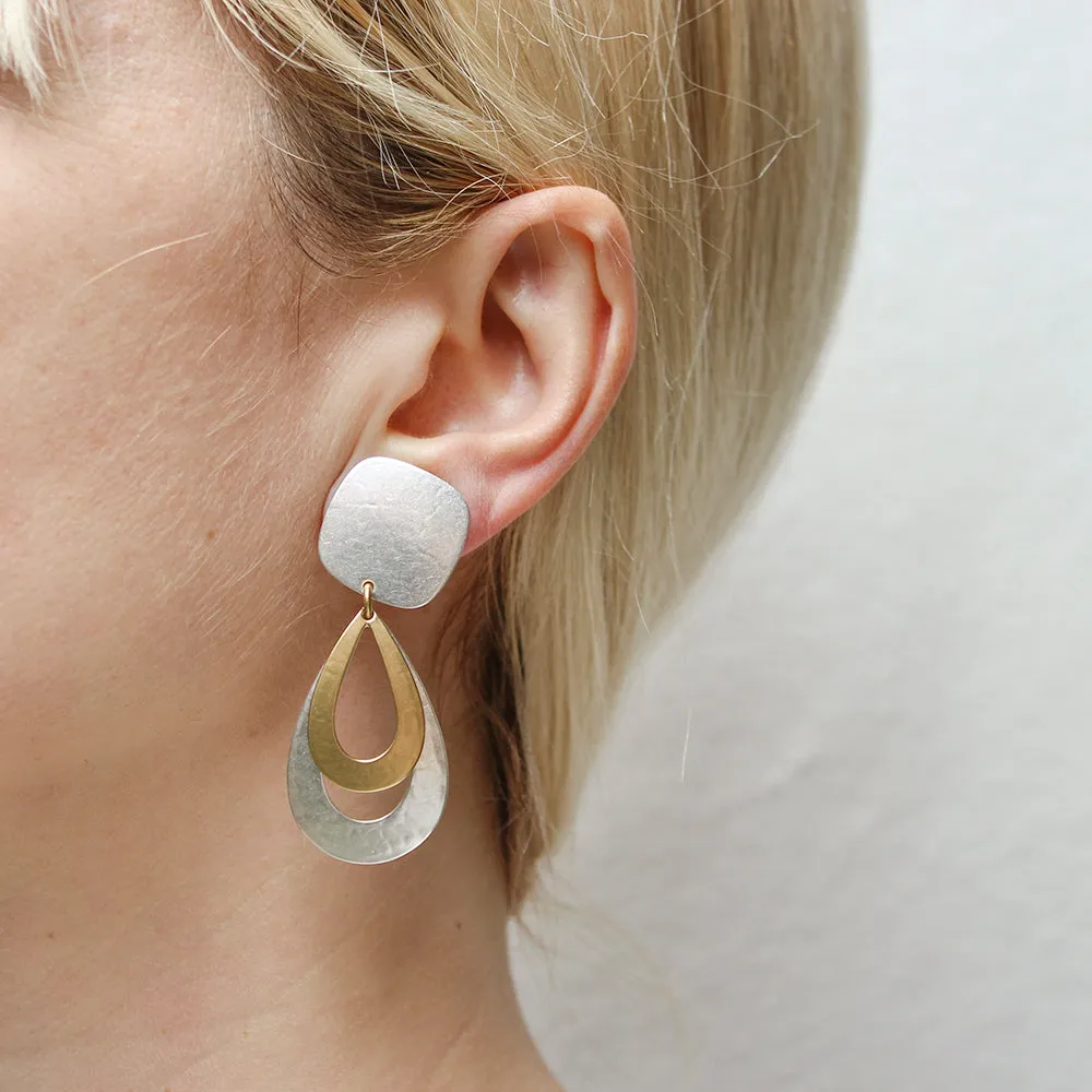 Rounded Square with Teardrop Frames Clip or Post Earring