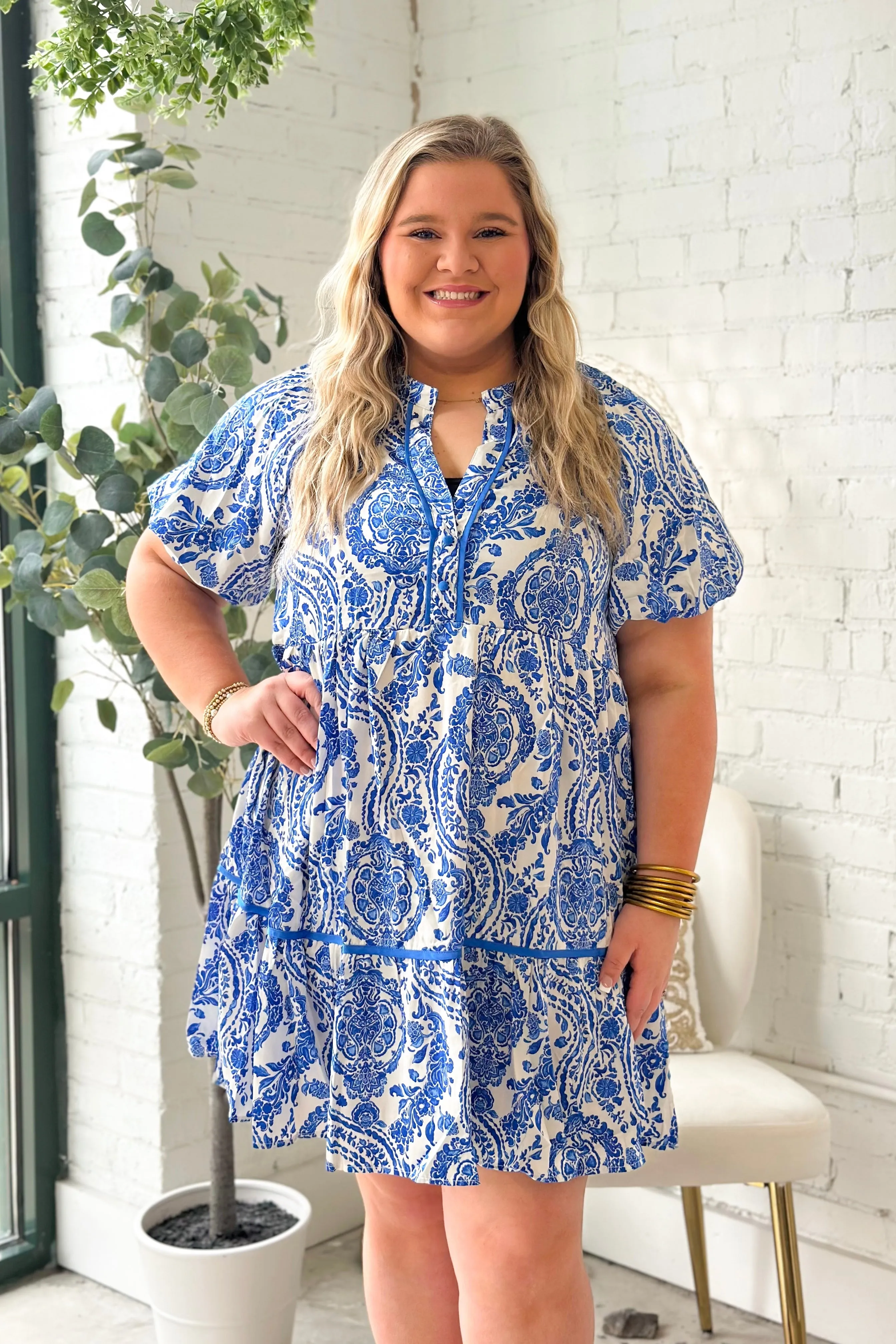 Sapphire Printed Button Up V-Neck Dress