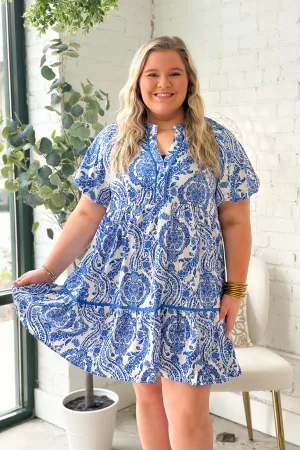Sapphire Printed Button Up V-Neck Dress