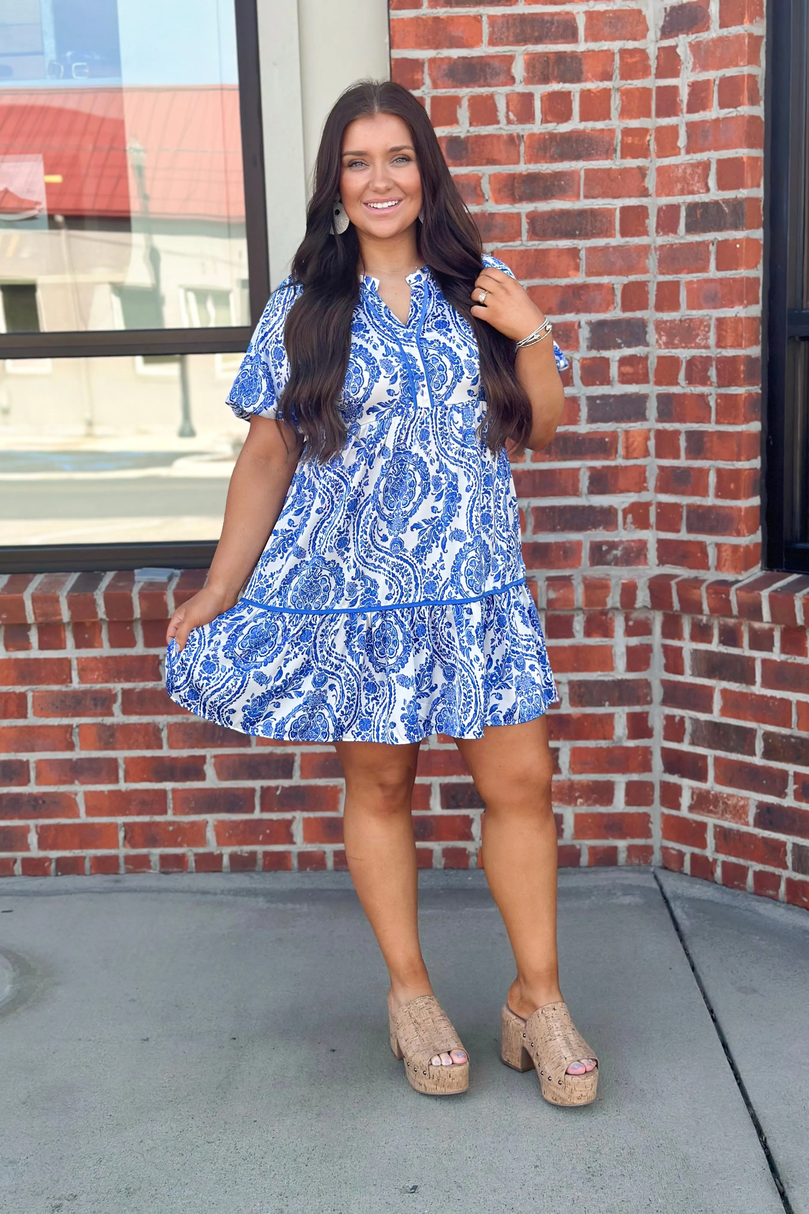 Sapphire Printed Button Up V-Neck Dress