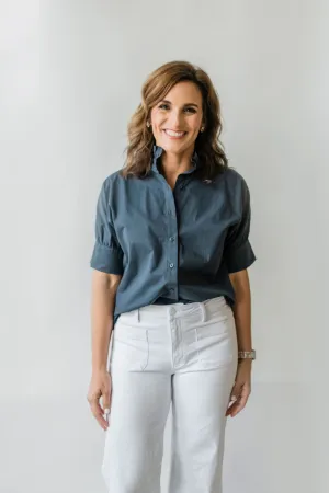 Short Sleeve Ruffle Shirt Navy
