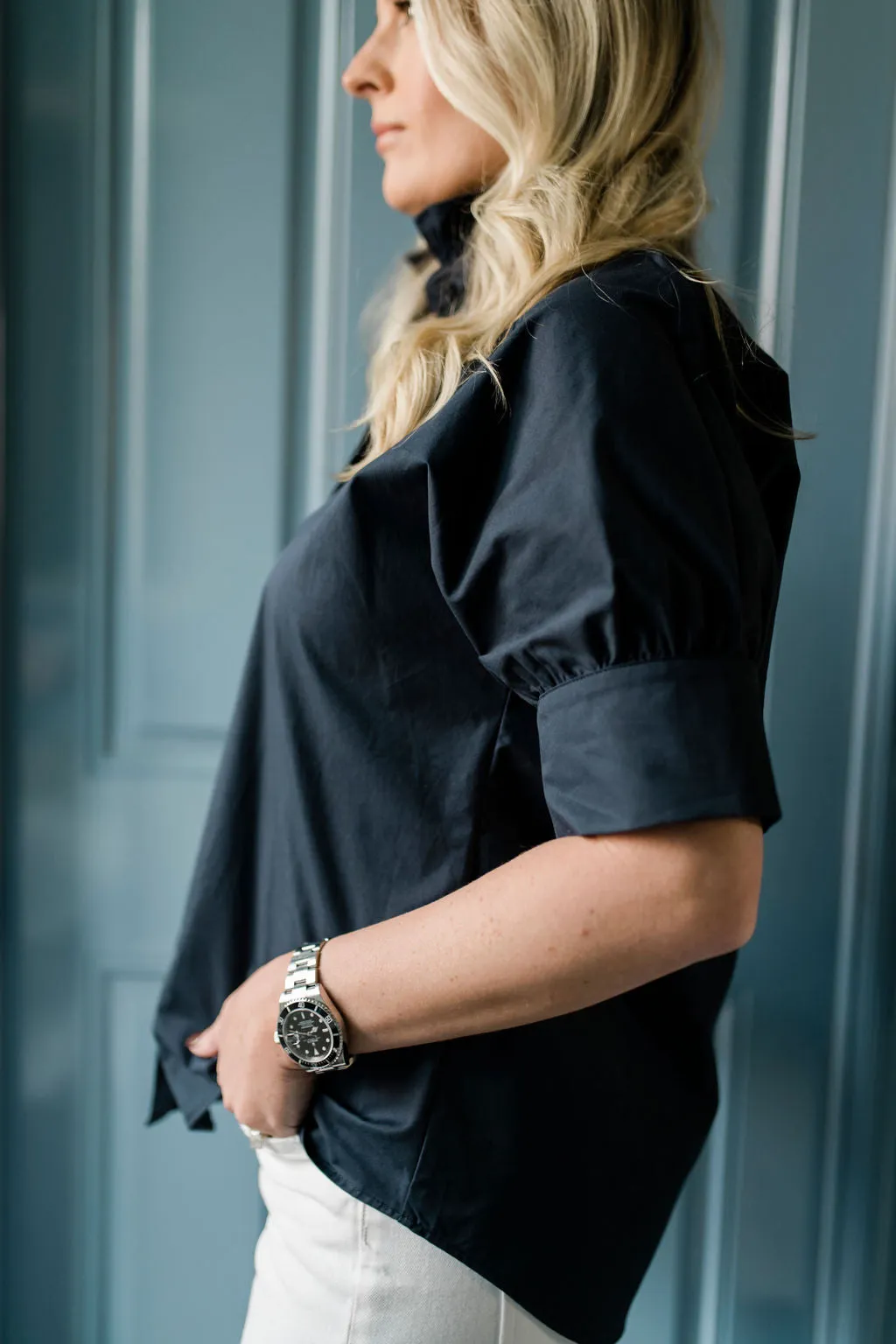 Short Sleeve Ruffle Shirt Navy