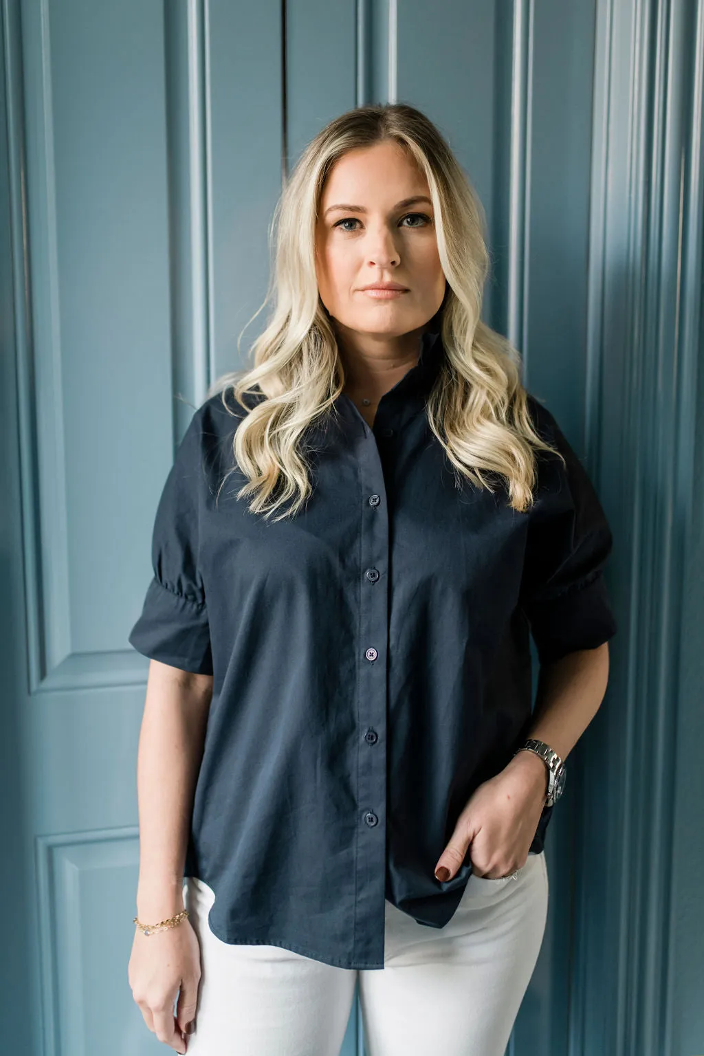 Short Sleeve Ruffle Shirt Navy