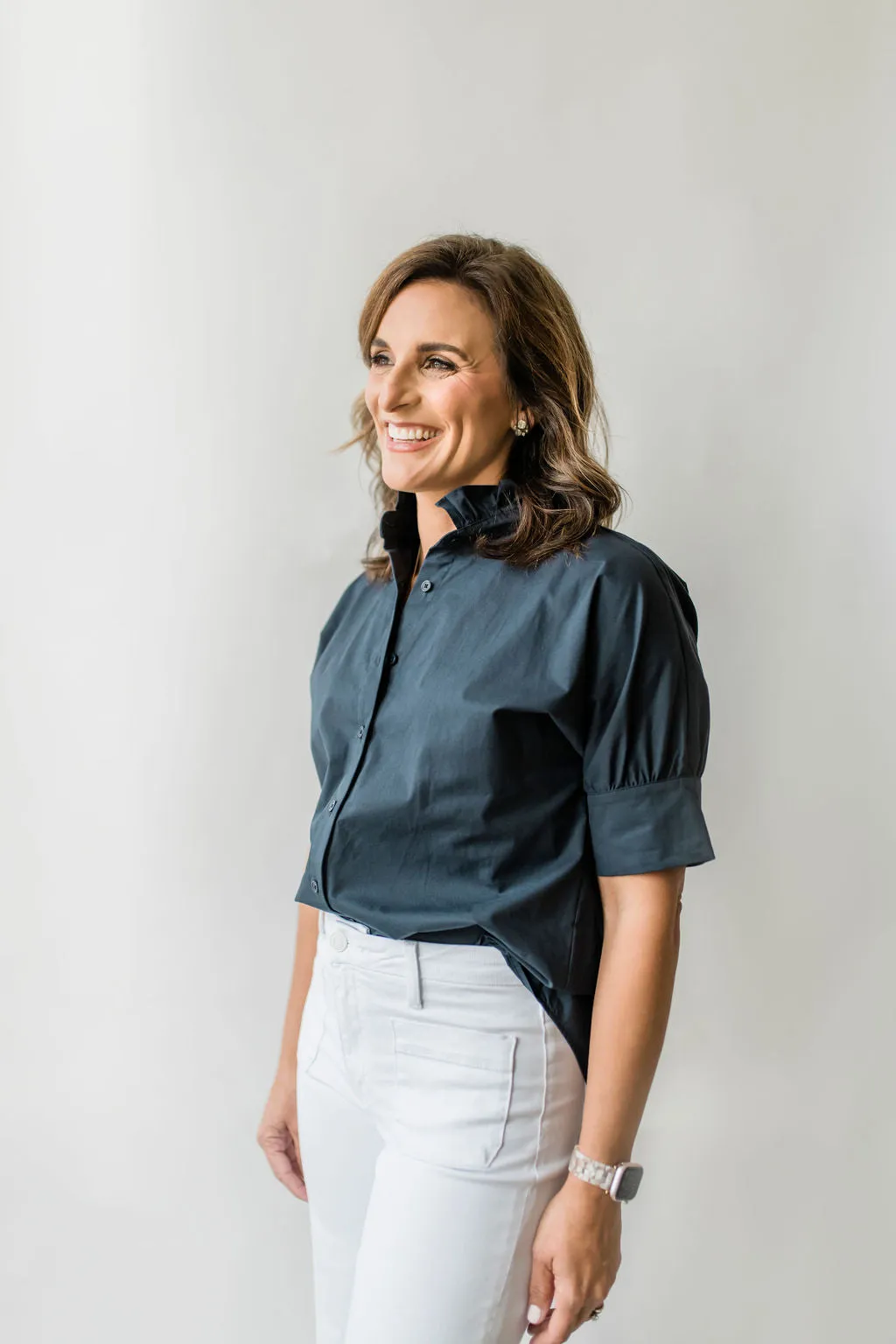 Short Sleeve Ruffle Shirt Navy