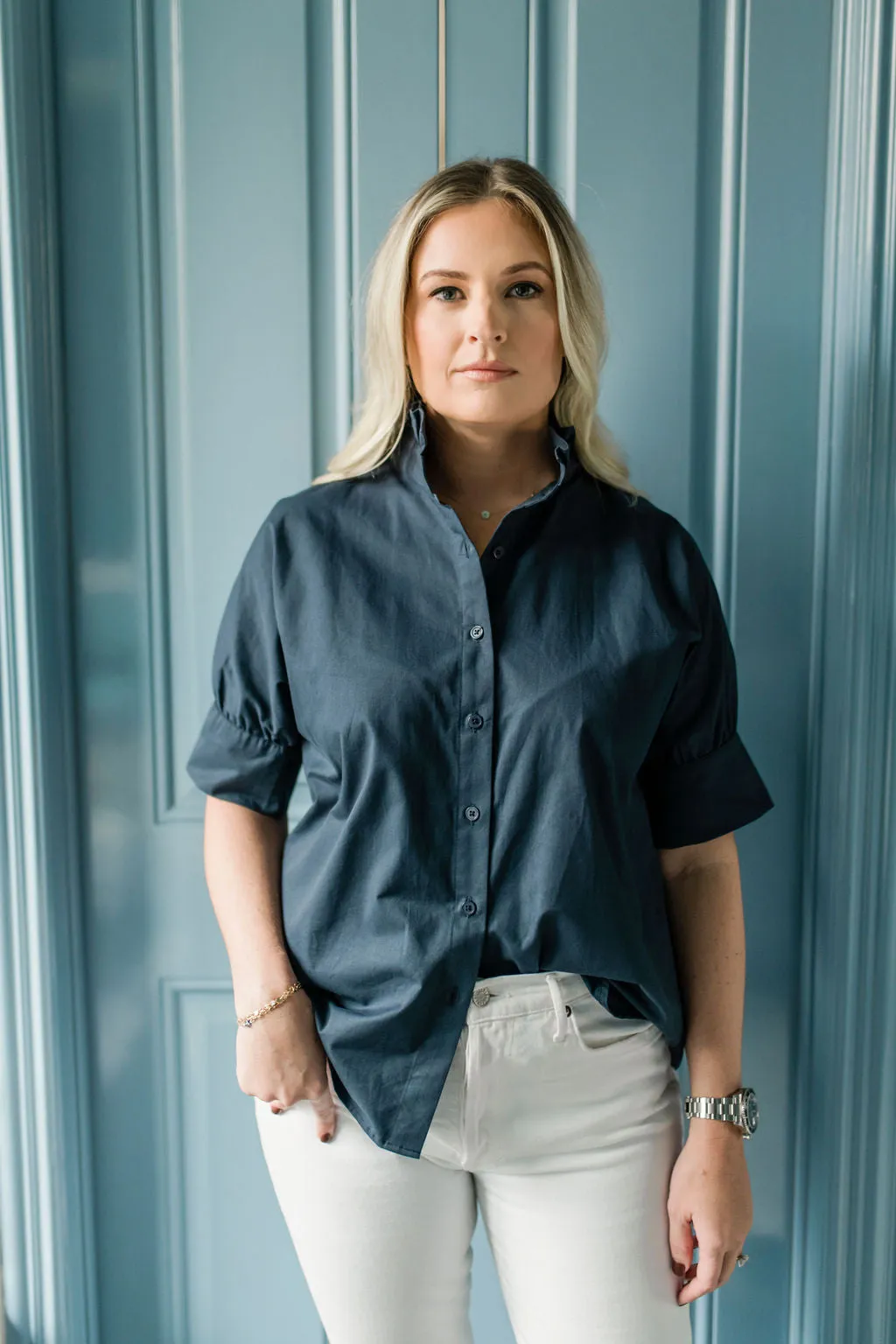 Short Sleeve Ruffle Shirt Navy