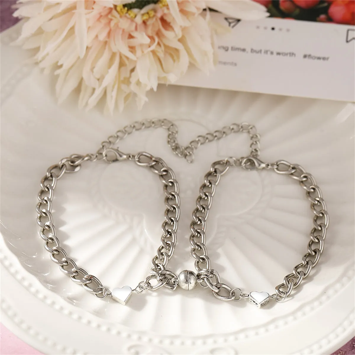 Silver-Plated Heart Charm Linked Bracelet Set