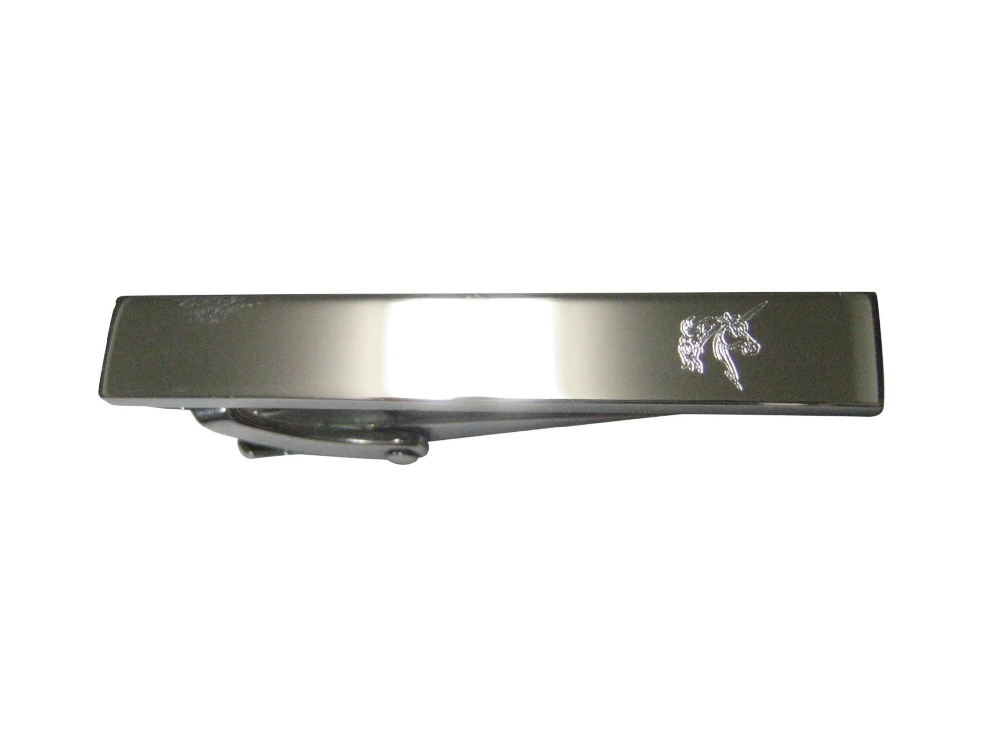 Silver Toned Etched Sleek Unicorn Head Skinny Tie Clip