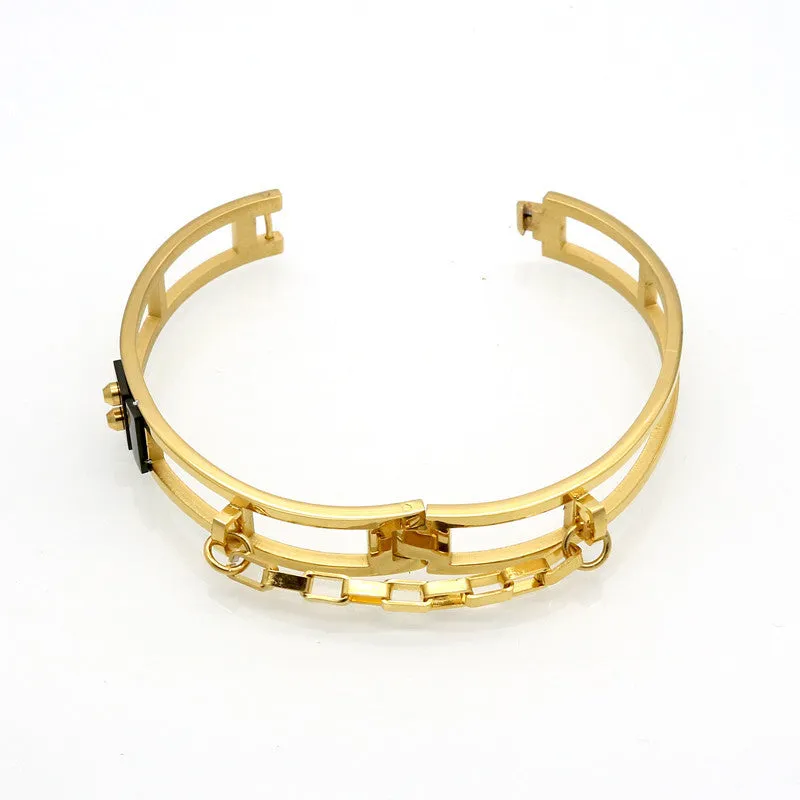 Sleek Street Punk Industrial Cuff Bracelet with two small rivets.