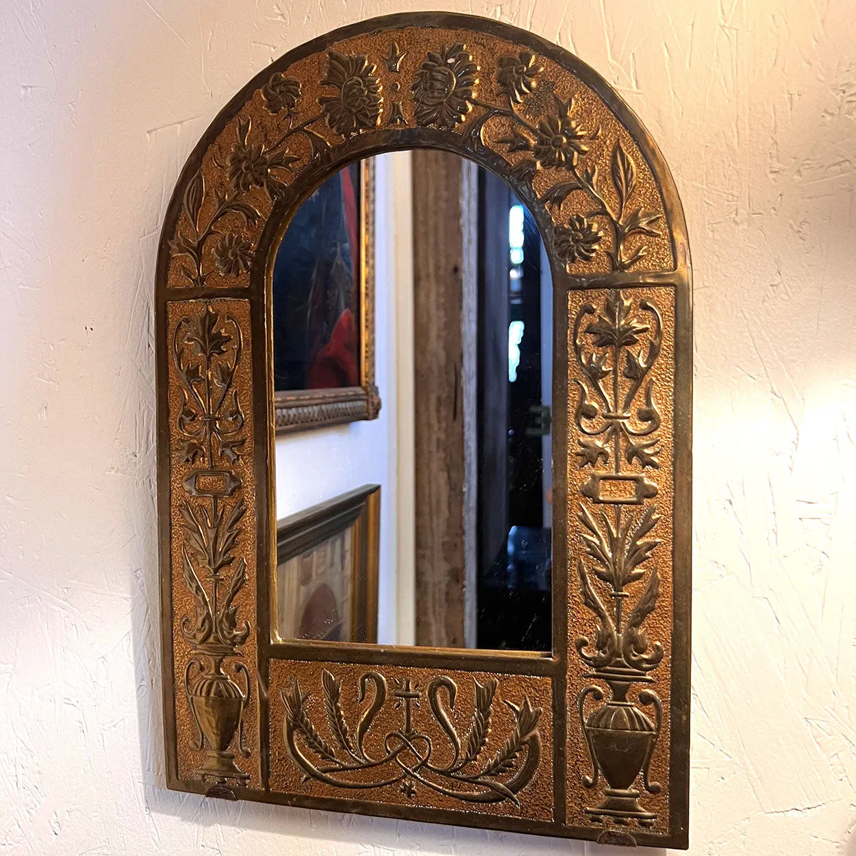 Small French Cast Brass Arched Frame Wall Mirror