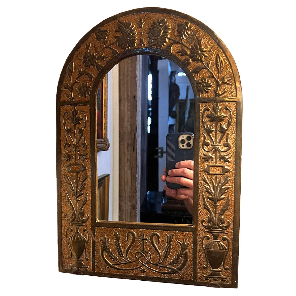 Small French Cast Brass Arched Frame Wall Mirror