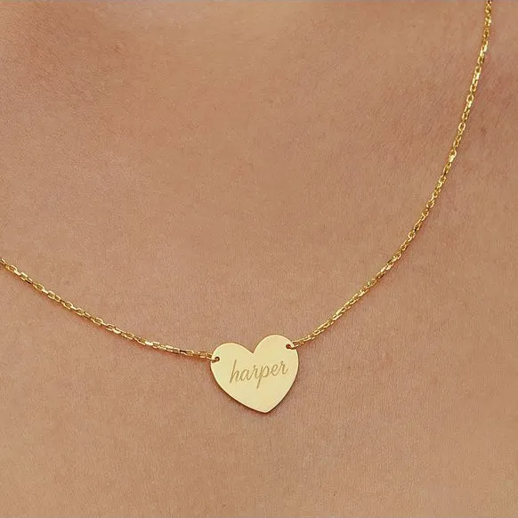 Solid Gold Heart Necklace with Chain Custom Engraving