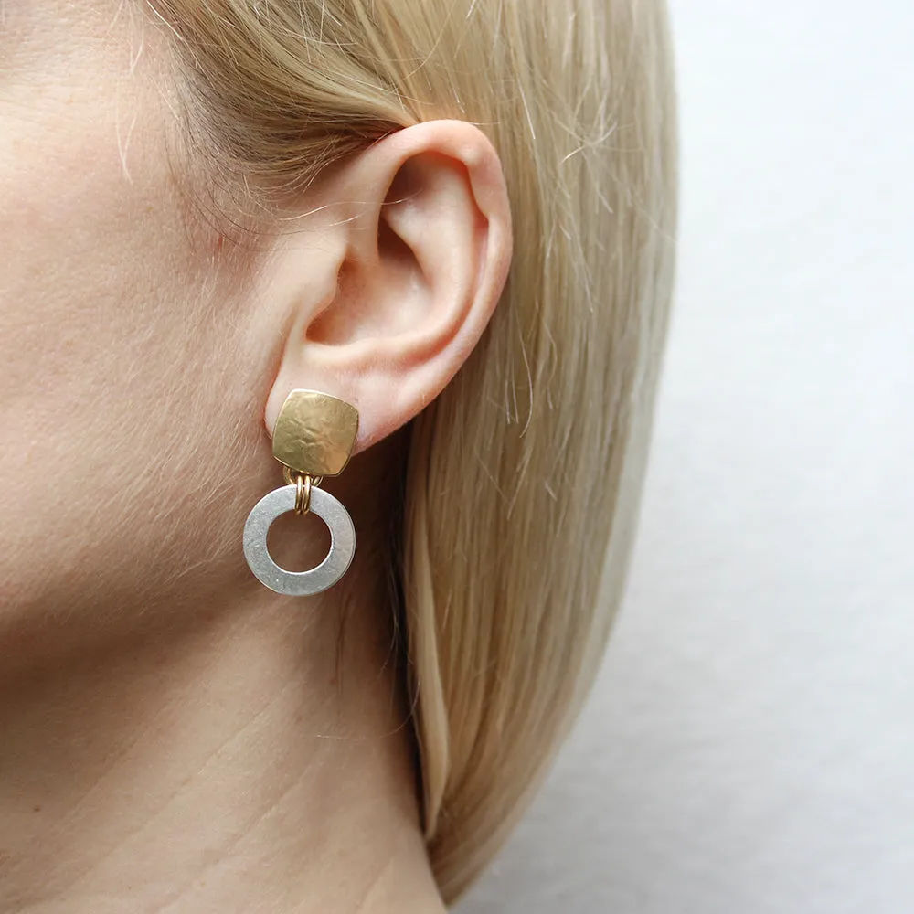 Square with Double Linked Ring Post Earrings