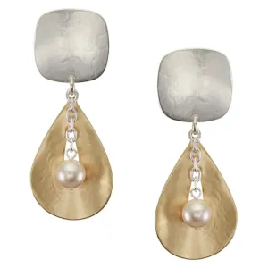 Square with Large Teardrop and Hanging Pearl Post or Clip Earring