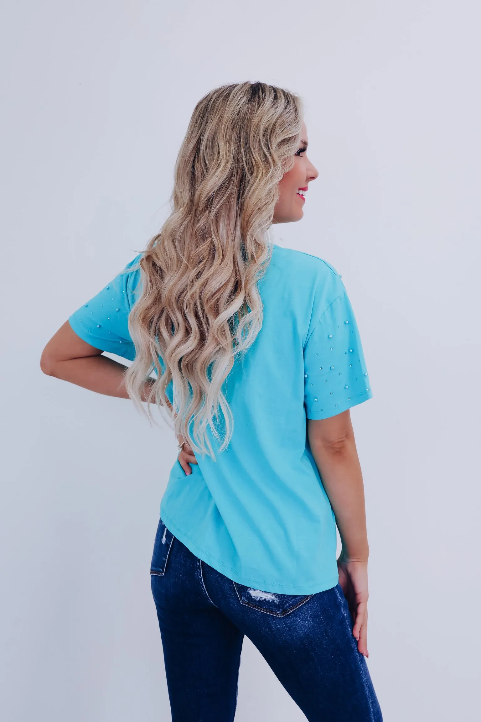 Stauci Stud Embellished T-Shirt- Teal