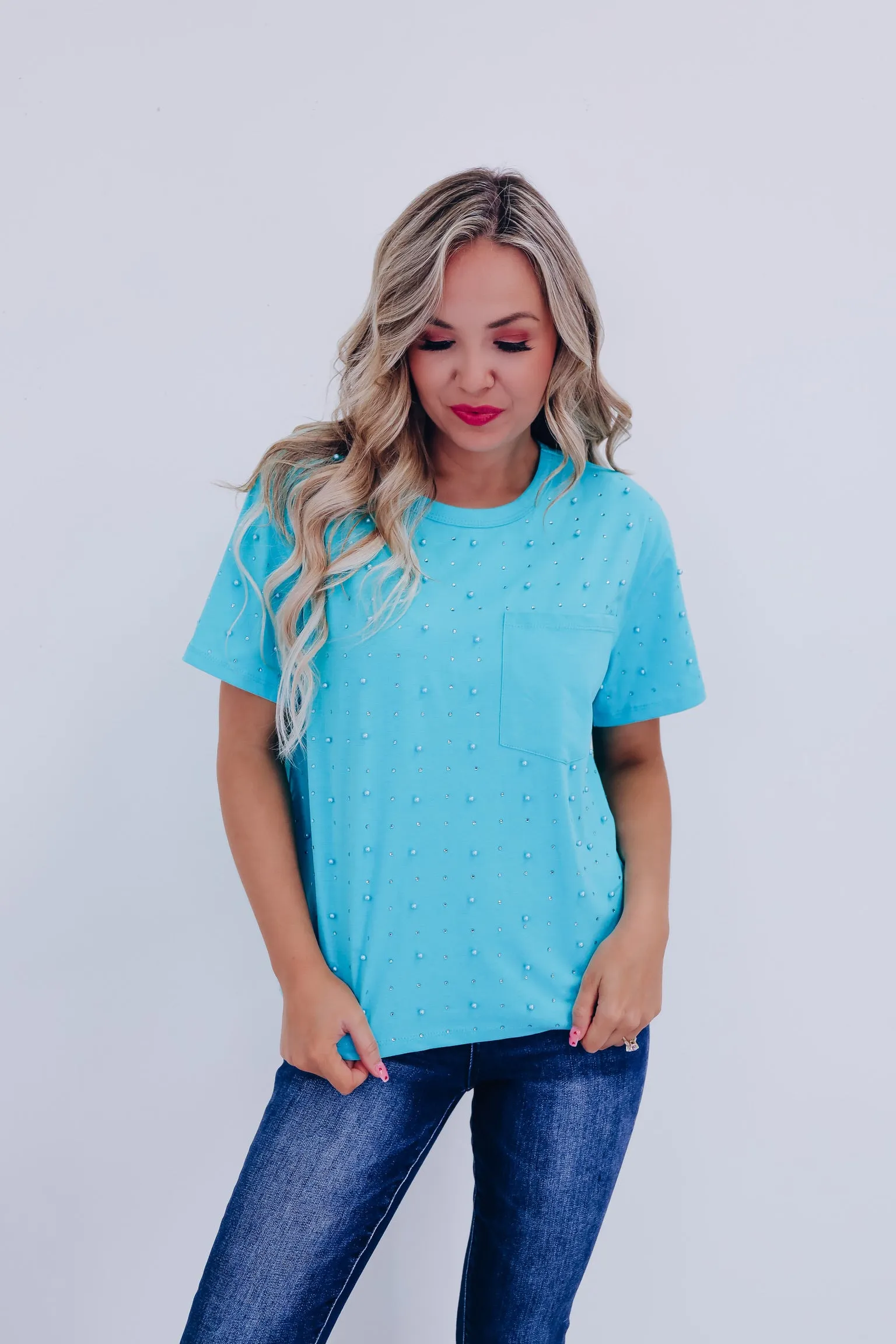 Stauci Stud Embellished T-Shirt- Teal
