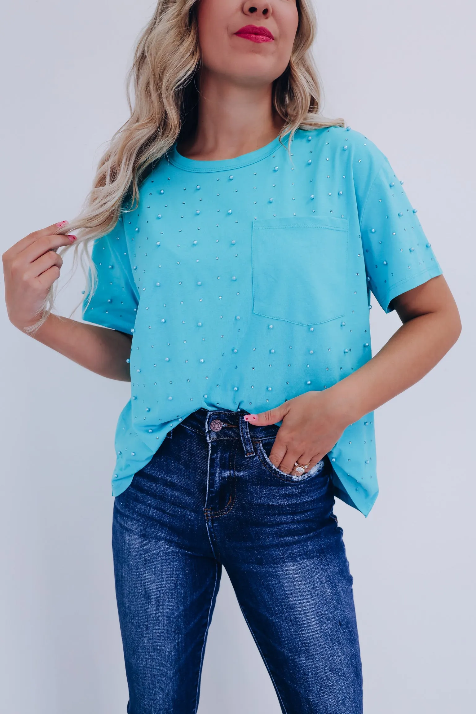 Stauci Stud Embellished T-Shirt- Teal