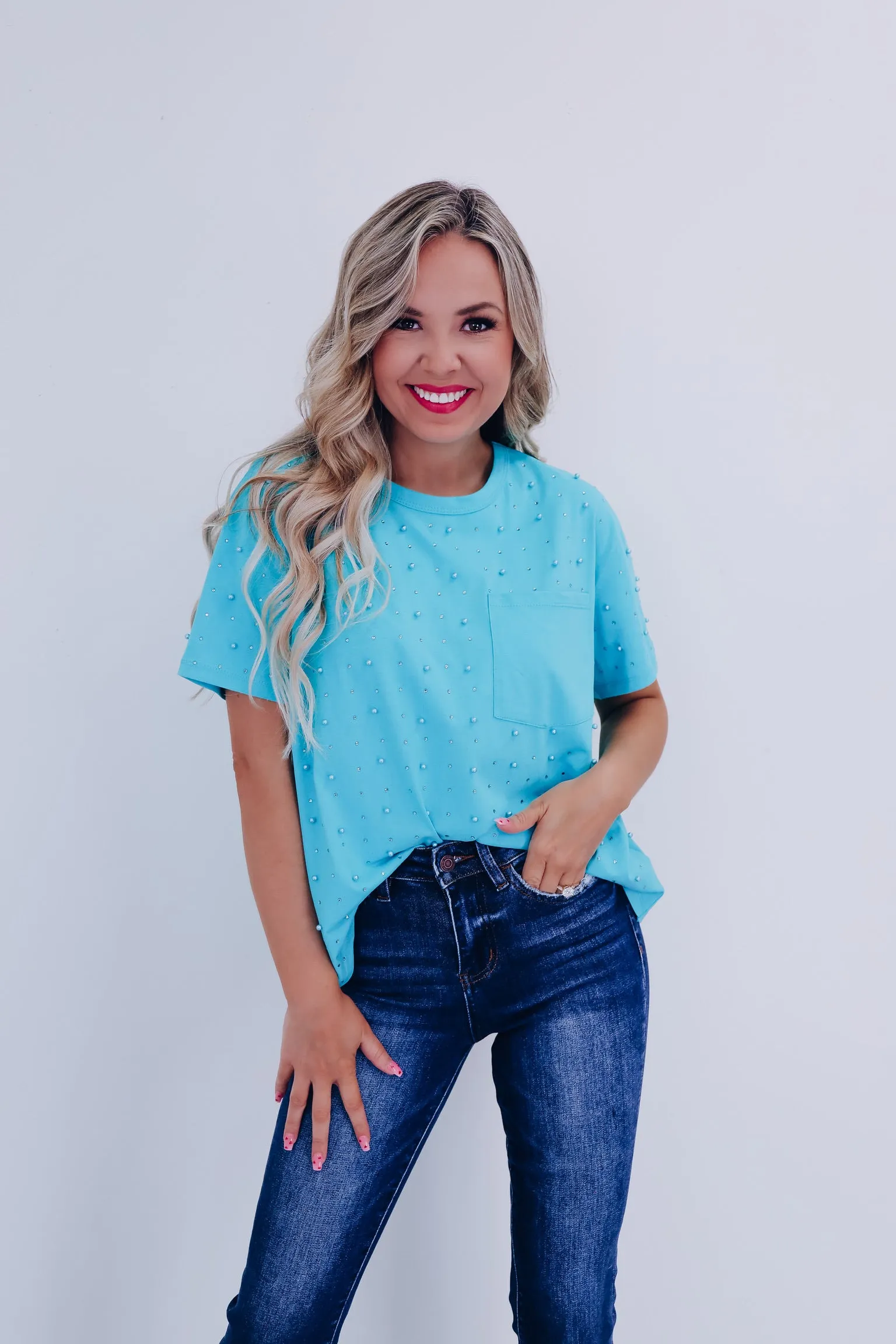 Stauci Stud Embellished T-Shirt- Teal