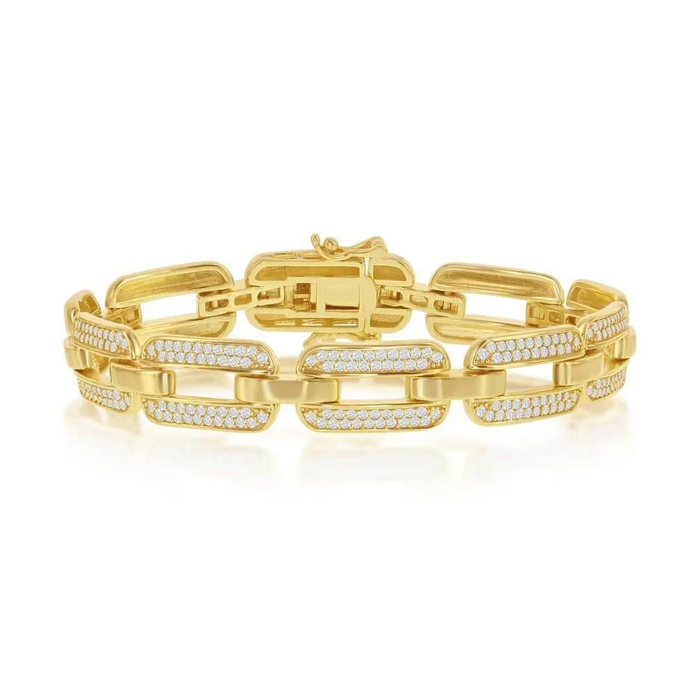 Sterling Silver Wide CZ Linked Bracelet - Gold Plated