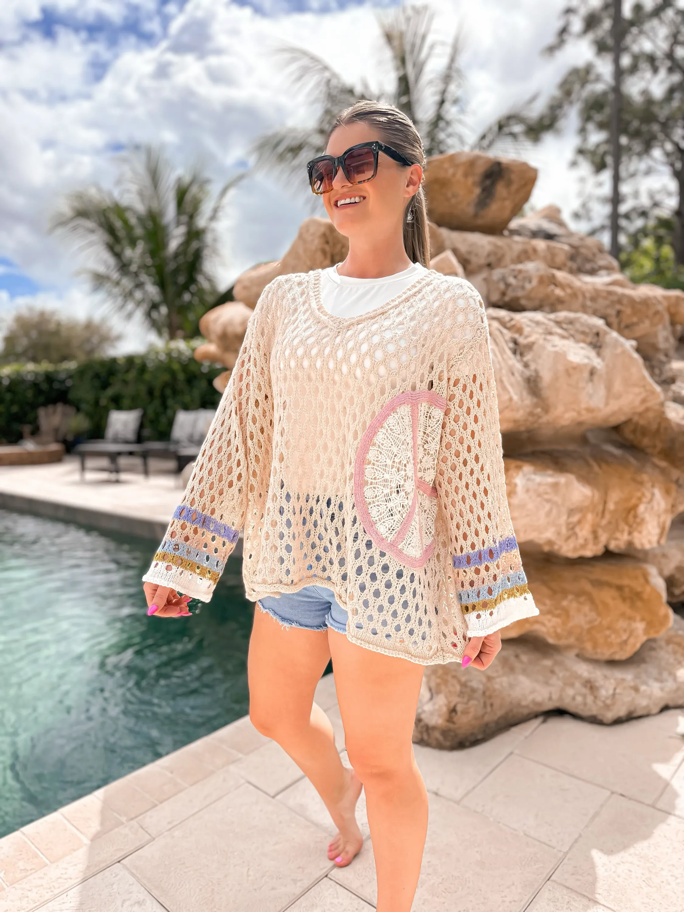 Striped Sleeve Loose Knit Peace Sign Top by POL