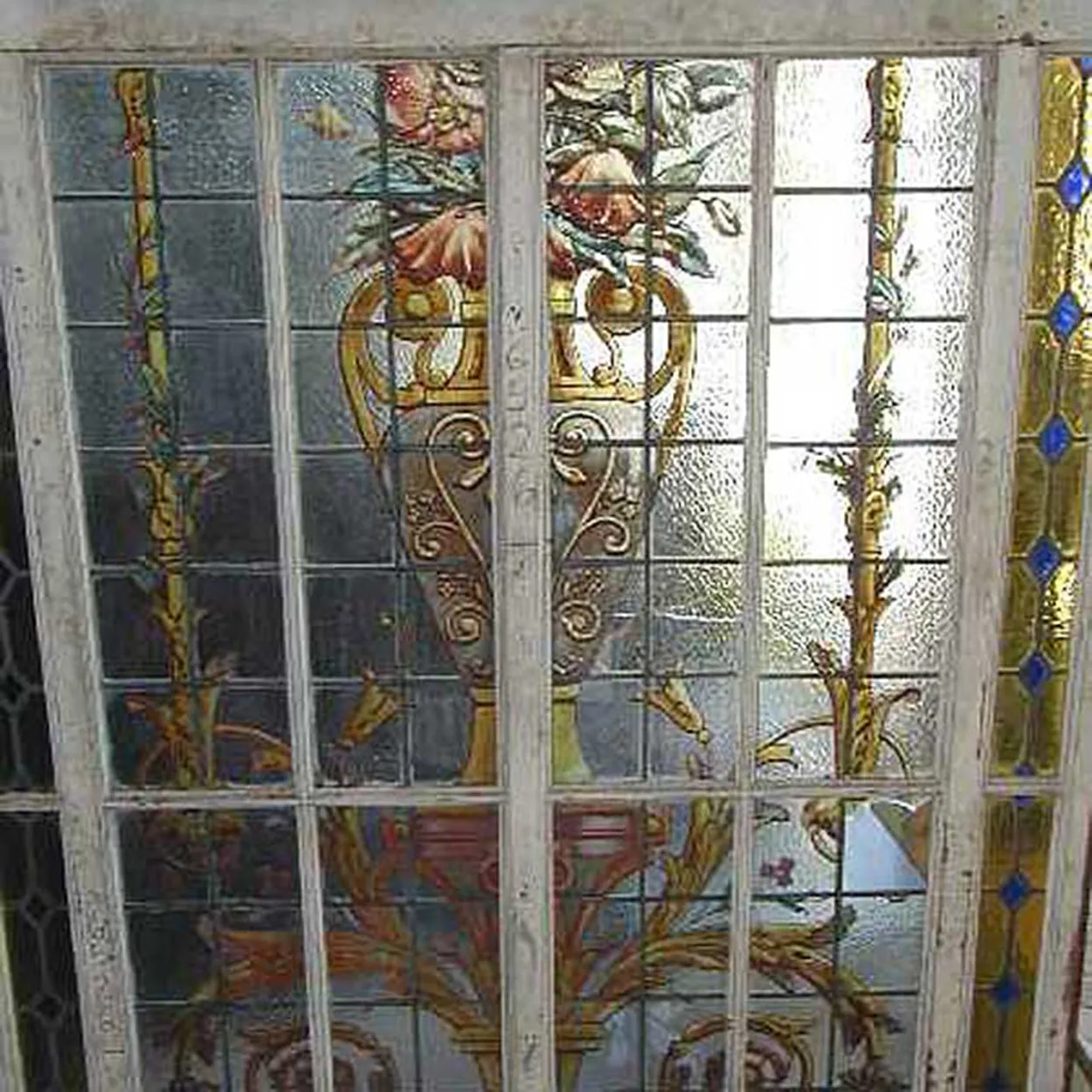 Tall Argentine Painted, Stained and Leaded Glass Steel Frame Arched Window