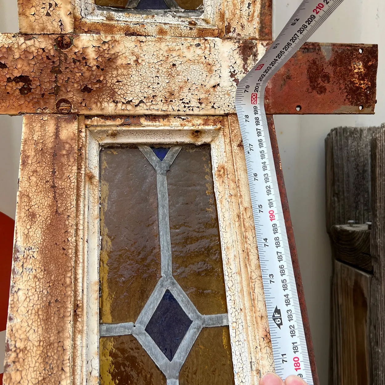 Tall Argentine Painted, Stained and Leaded Glass Steel Frame Arched Window