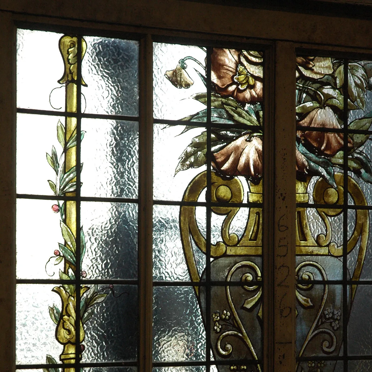 Tall Argentine Painted, Stained and Leaded Glass Steel Frame Arched Window